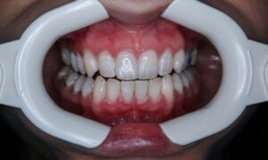 Close-up of a patient’s mouth during professional teeth whitening treatment at a dental clinic in Accra