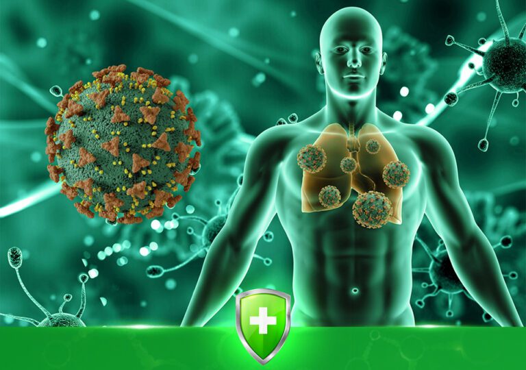 Winning the Autoimmune Battle Naturally with Ozone Therapy Illustration of the immune system under viral attack, highlighting the human body's defense with a medical shield icon — symbolizing autoimmune support and protection.