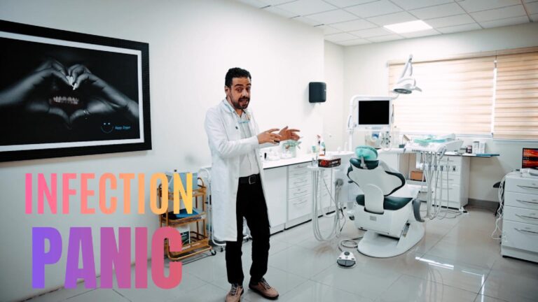 Dentist explaining disinfection protocols in a modern dental clinic to address infection panic among patients.