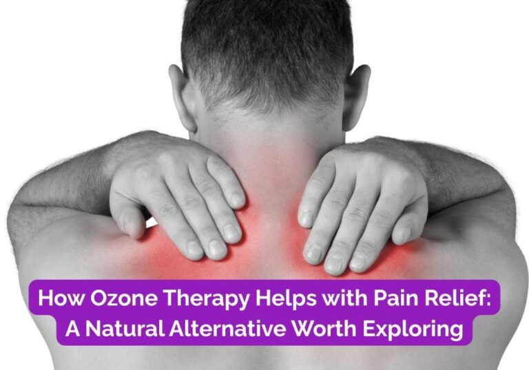 A man holding his shoulders in pain with red highlights showing discomfort, promoting ozone therapy as a natural pain relief option.
