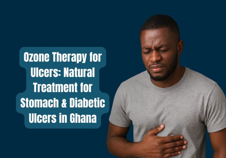 African man holding his stomach in pain, representing natural ulcer relief through ozone therapy in Ghana.