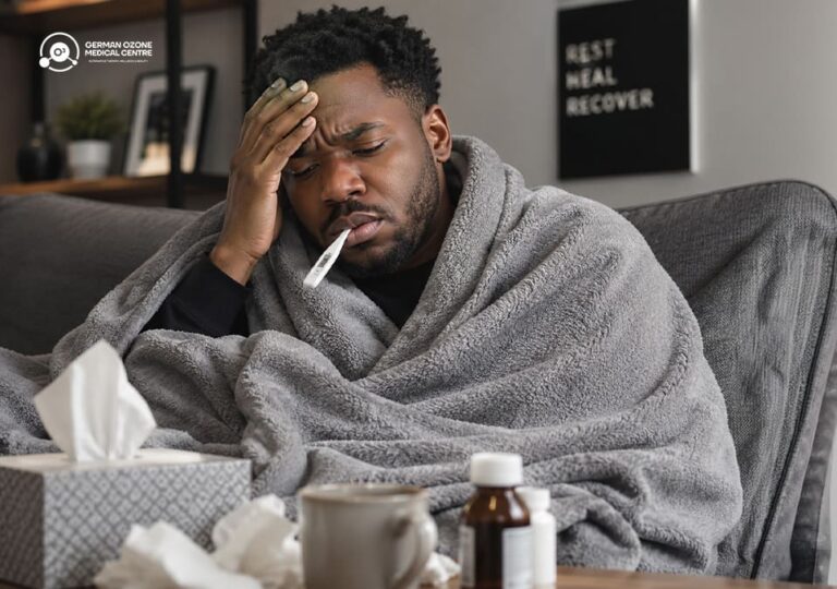 Man wrapped in a blanket holding his forehead while checking a thermometer, medicine and tissues on the table.