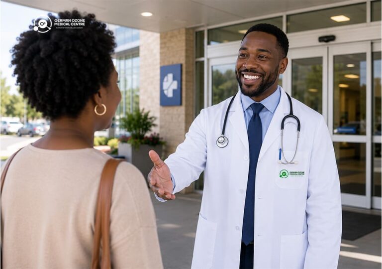 Smiling doctor extending a handshake to welcome a patient outside a medical clinic.