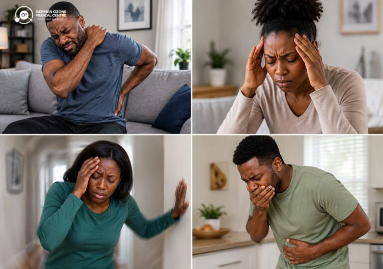Four-panel grid of people experiencing neck pain, headache, dizziness, and nausea.