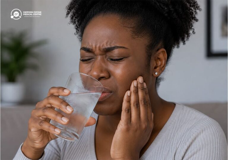 Woman wincing in pain while drinking water, holding her cheek in discomfort.