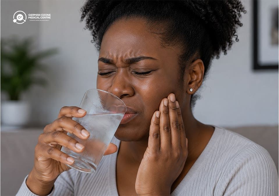 Woman wincing in pain while drinking water, holding her cheek in discomfort.
