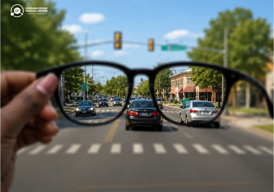 Blurred Vision: 10 Possible Causes and When to See an Eye Doctor Hand holding glasses that sharpen a blurry street scene, showing clear vision through the lenses.