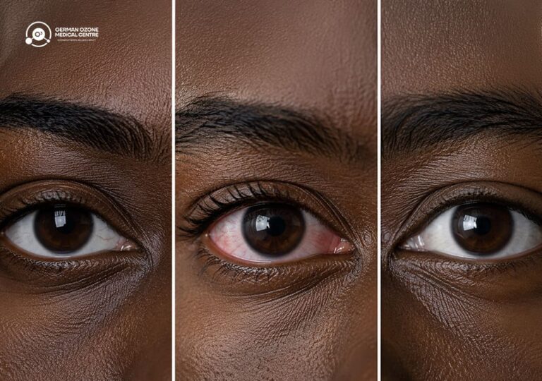 Three close-up panels of eyes, one showing redness and irritation.