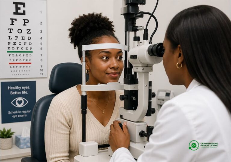 Patient having her eyes examined with a slit lamp by an optometrist.