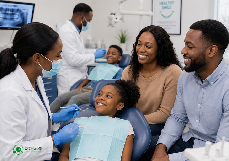 Family smiling together at a dental clinic while a dentist examines a young girl.