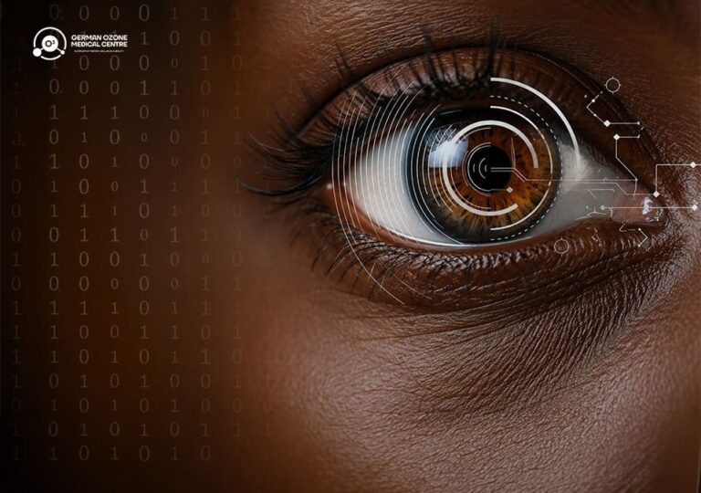 Close-up of a human eye with a digital scanning overlay symbolizing eye examination technology.