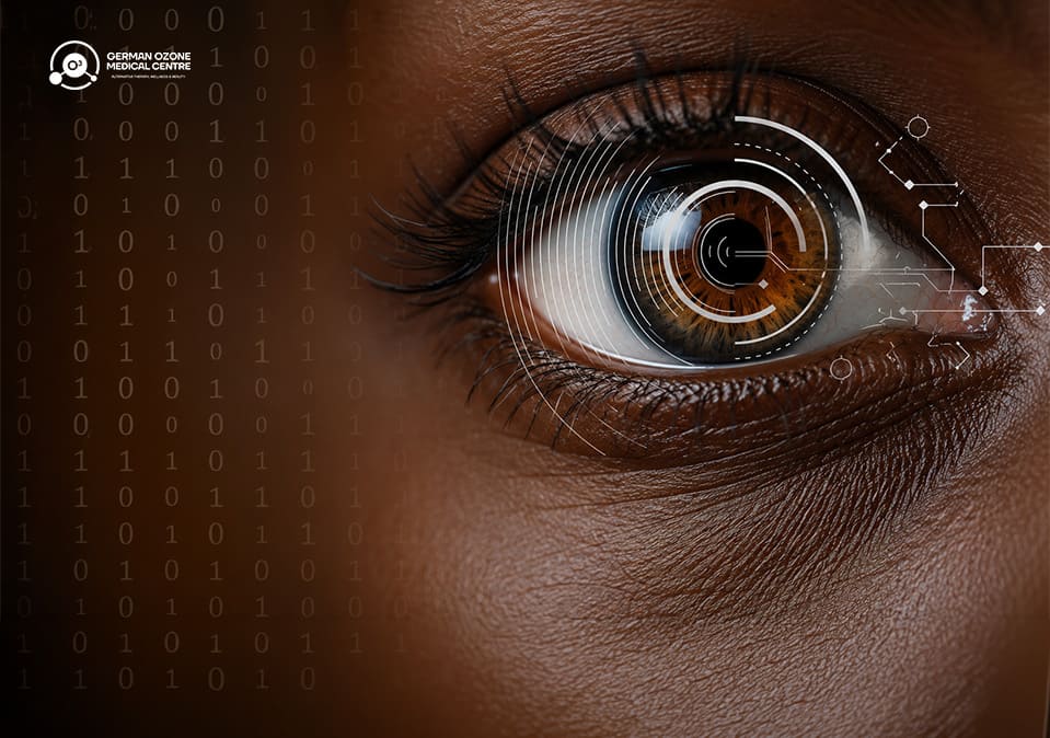 Close-up of a human eye with a digital scanning overlay symbolizing eye examination technology.