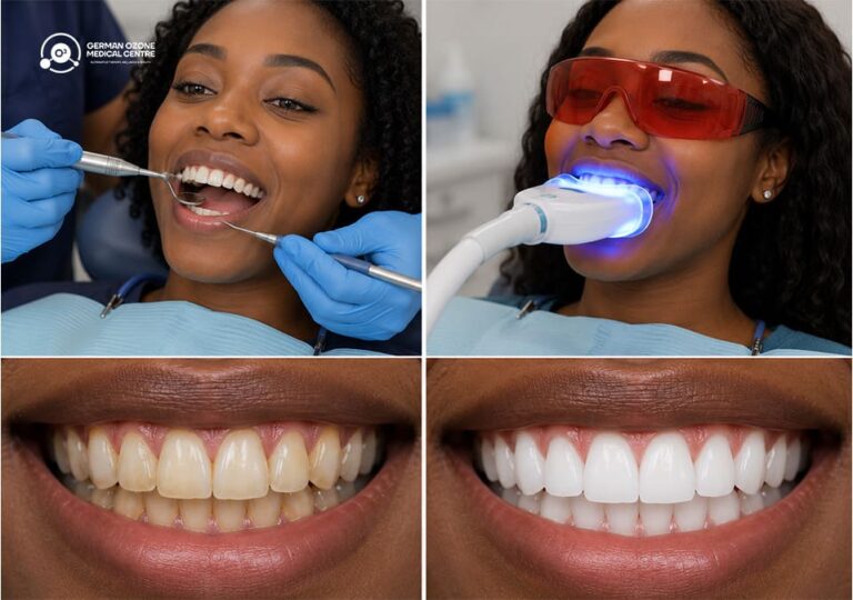 Four-panel grid showing teeth cleaning, teeth whitening treatment, and a before-and-after smile comparison.