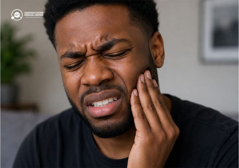 Man wincing in pain while holding his cheek, showing signs of a toothache.