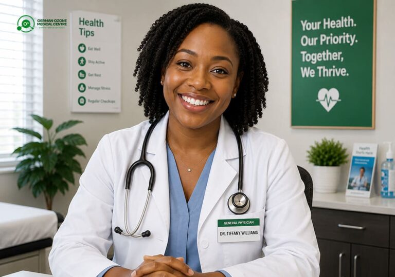 Smiling general physician in a white coat and stethoscope sitting at her desk.