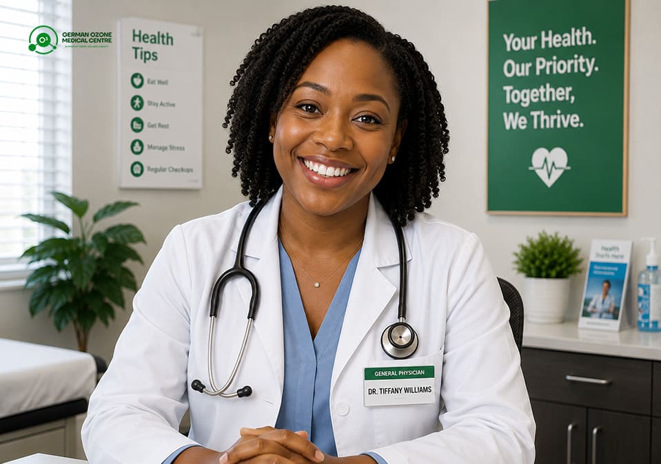 Smiling general physician in a white coat and stethoscope sitting at her desk.